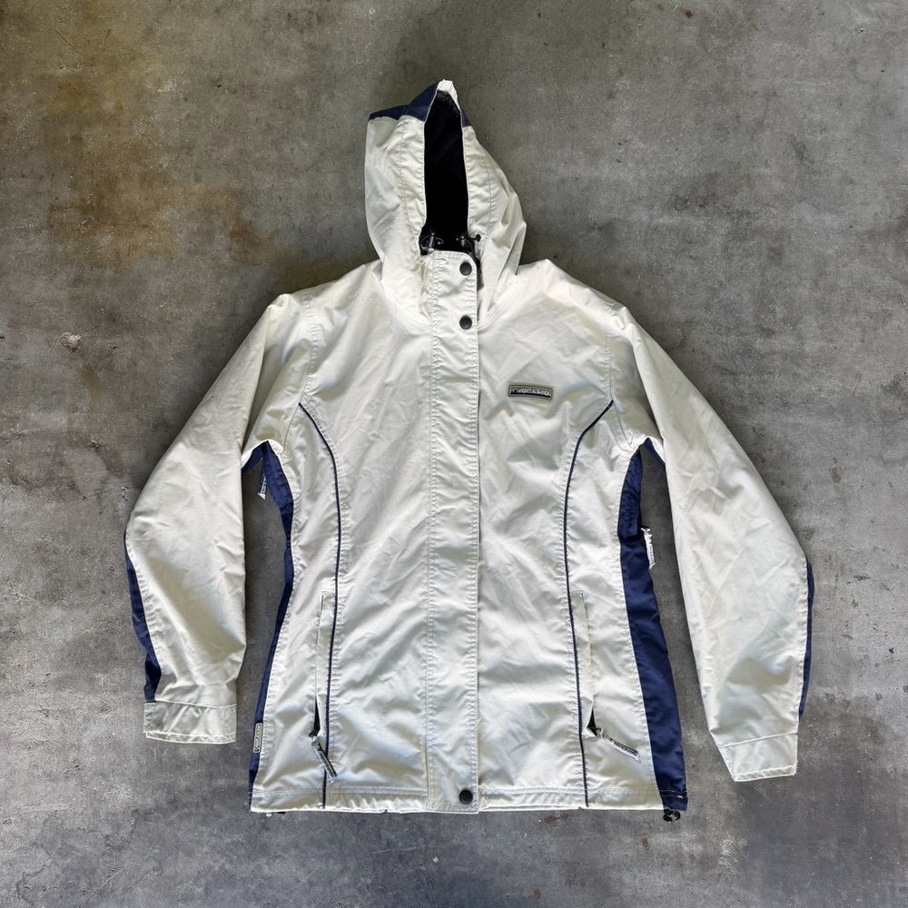 Rip Curl Rider 1,000 Vtg Snow Ski Woman’s L Ivory/Blue Hooded Full Zip Jacket
